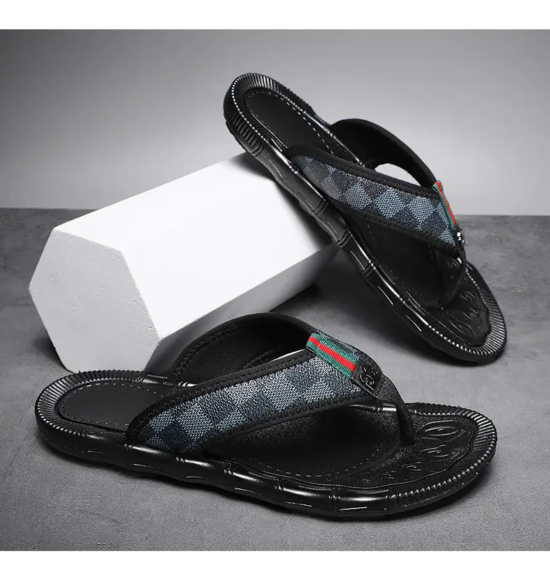 Men's Black Checkered Flip Flops Heelless Sandals — feature 13