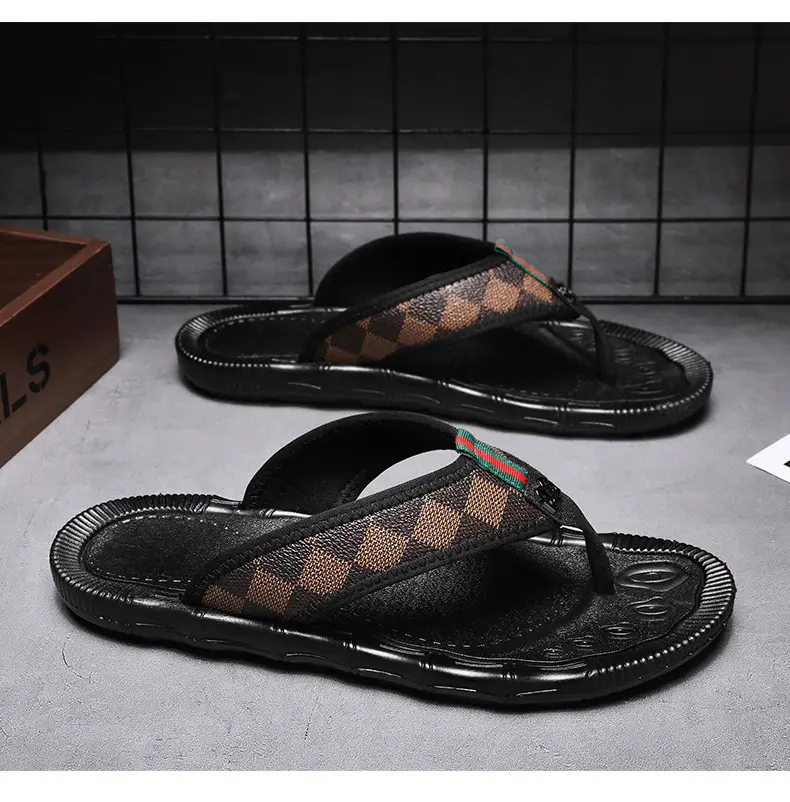 Men's Black Checkered Flip Flops Heelless Sandals — feature 14