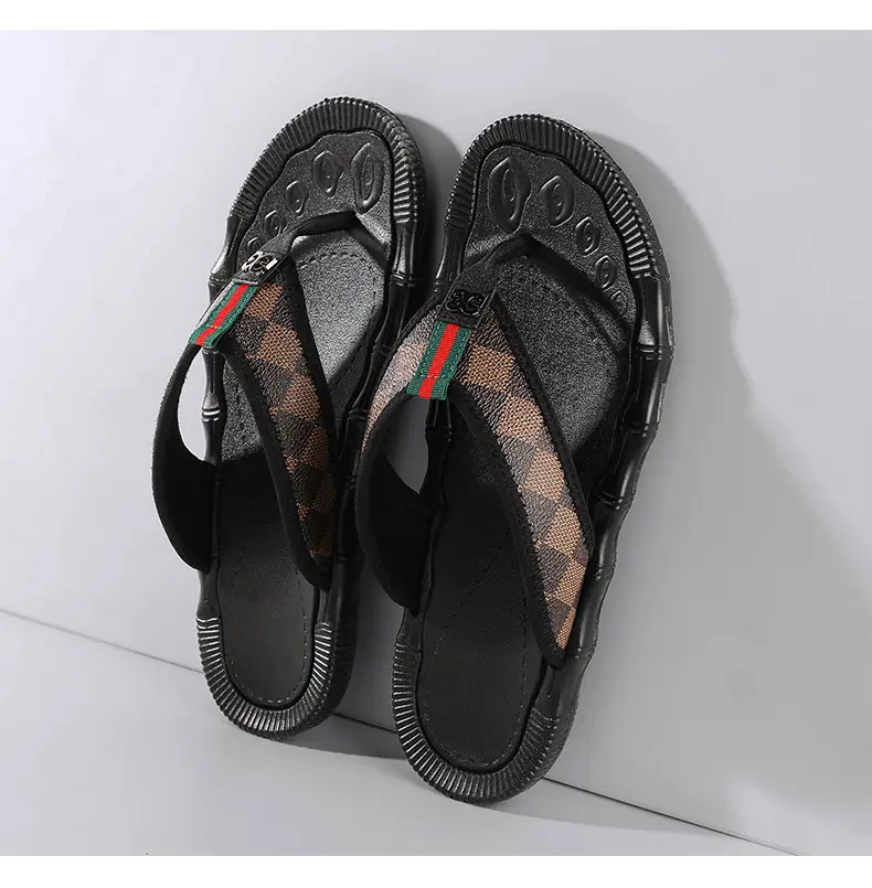Men's Black Checkered Flip Flops Heelless Sandals — feature 15