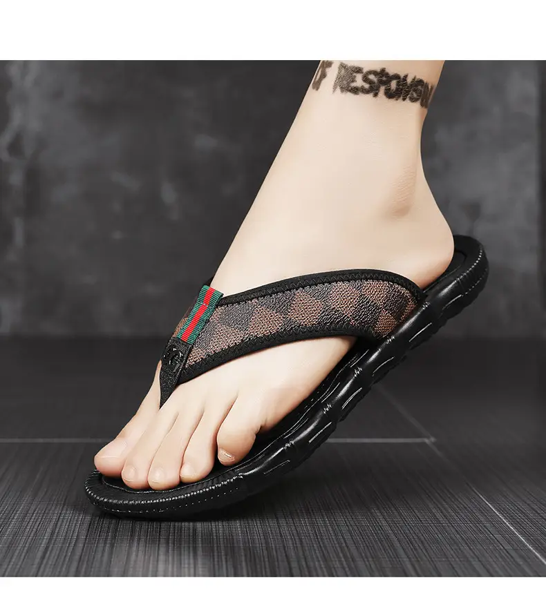 Men's Black Checkered Flip Flops Heelless Sandals — feature 18