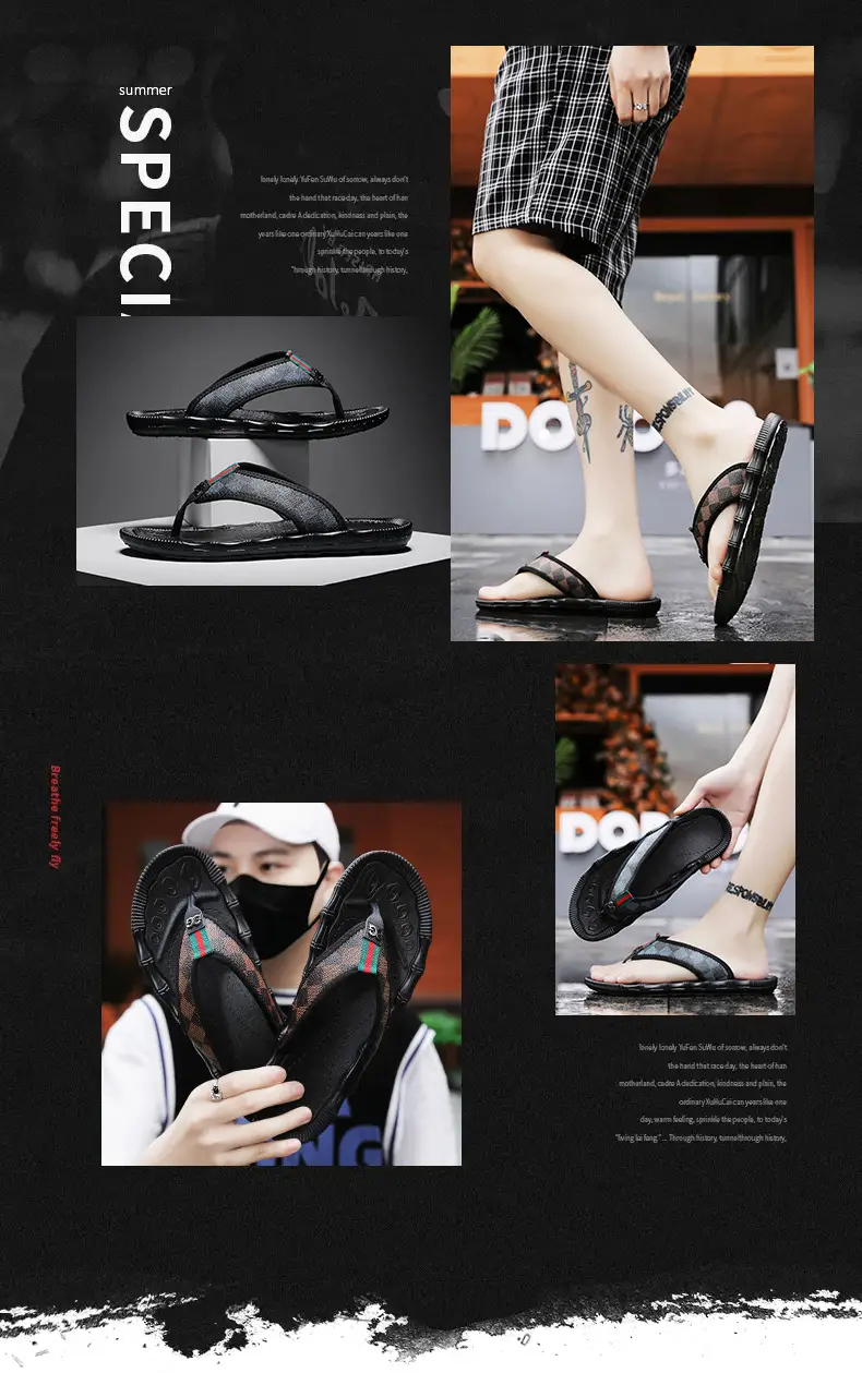 Men's Black Checkered Flip Flops Heelless Sandals — feature 2
