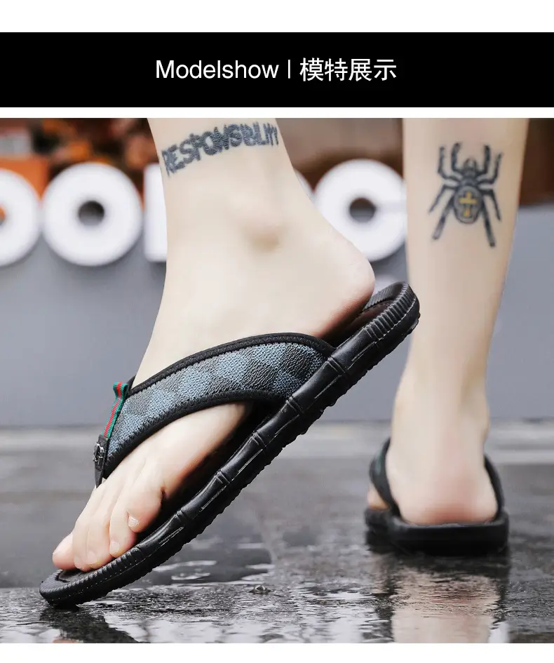 Men's Black Checkered Flip Flops Heelless Sandals — feature 7
