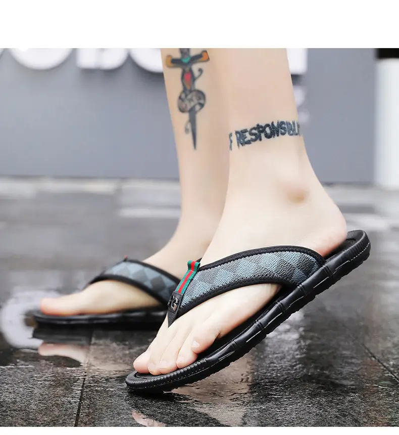 Men's Black Checkered Flip Flops Heelless Sandals — feature 9