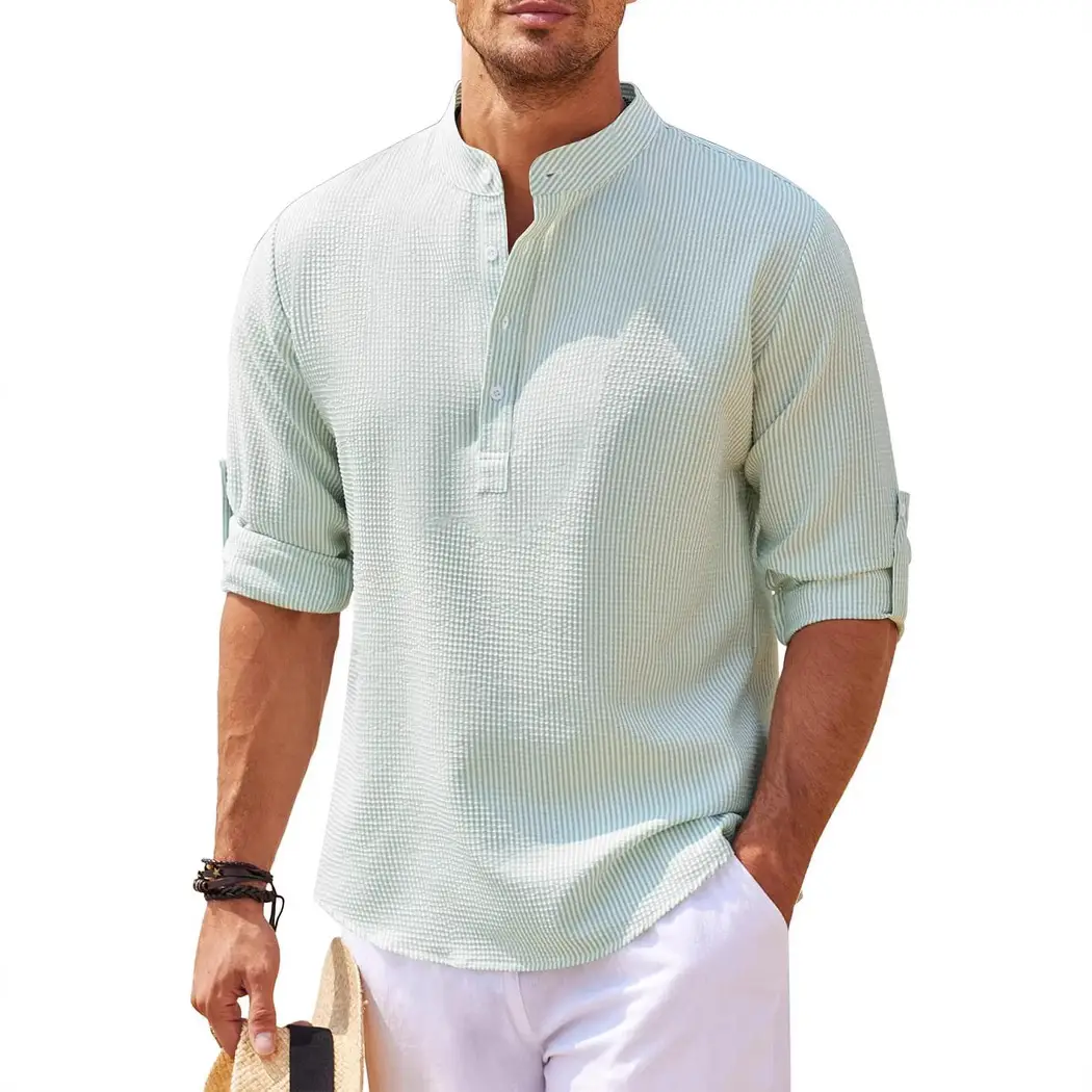 Men's Long Sleeve Pineapple Plaid Shirt White Pants - Image 9