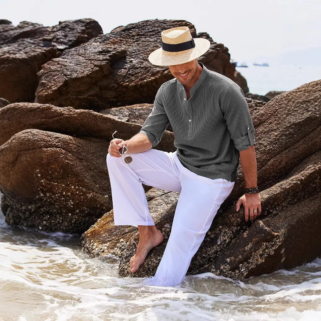 Men's Long Sleeve Pineapple Plaid Shirt White Pants - Image 10