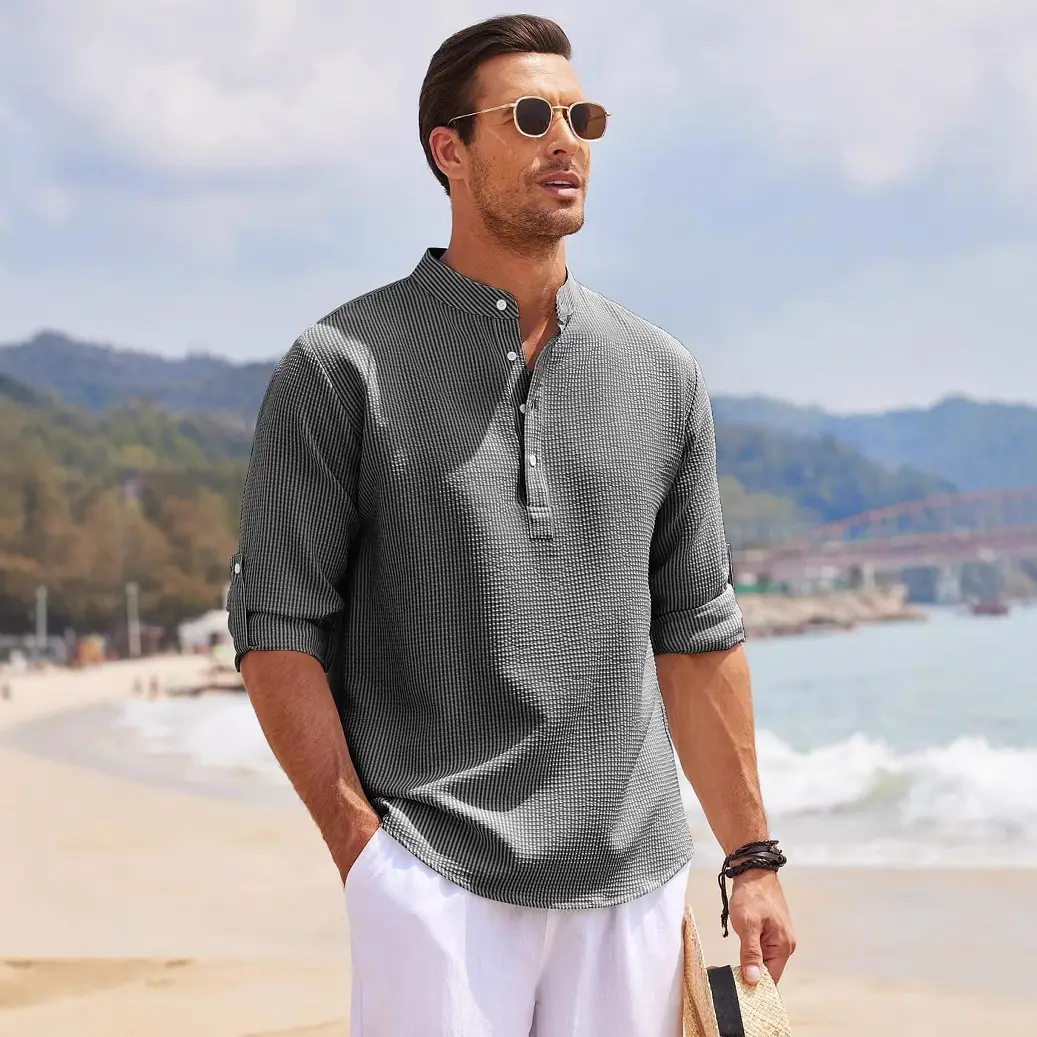 Men's Long Sleeve Pineapple Plaid Shirt White Pants - Image 11