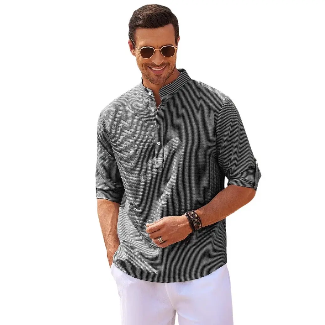 Men's Long Sleeve Pineapple Plaid Shirt White Pants - Image 12