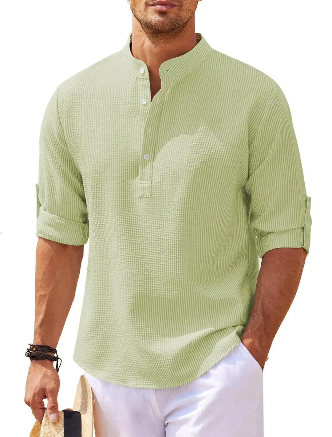 Men's Long Sleeve Pineapple Plaid Shirt White Pants - Image 3