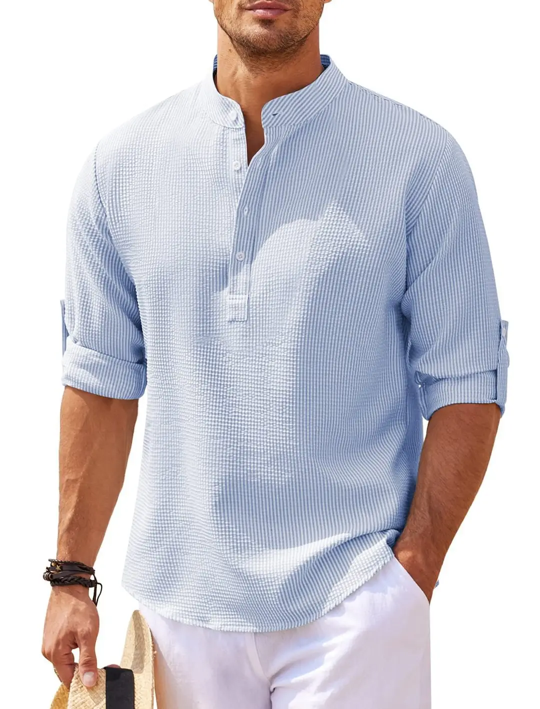 Men's Long Sleeve Pineapple Plaid Shirt White Pants - Image 4