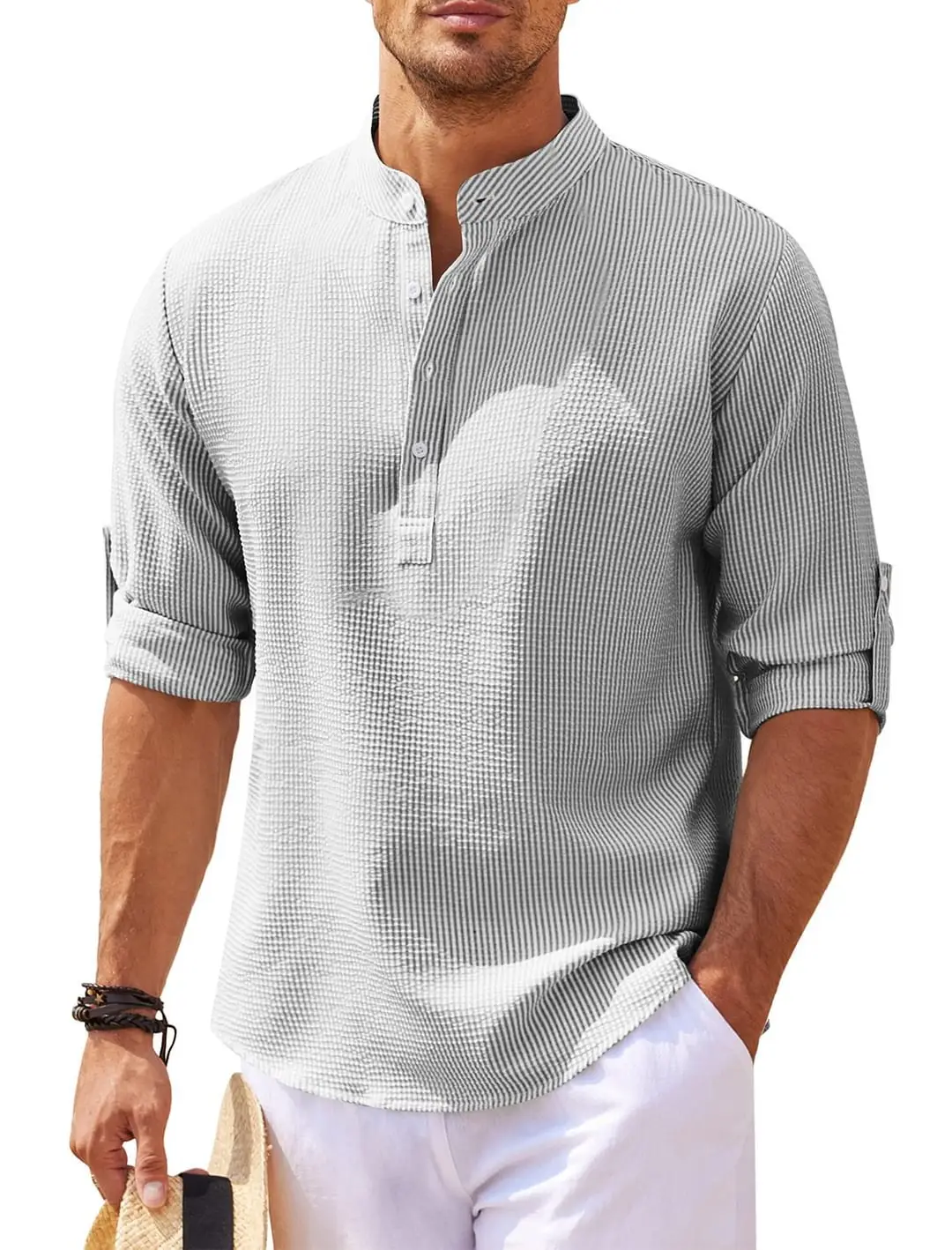 Men's Long Sleeve Pineapple Plaid Shirt White Pants - Image 5