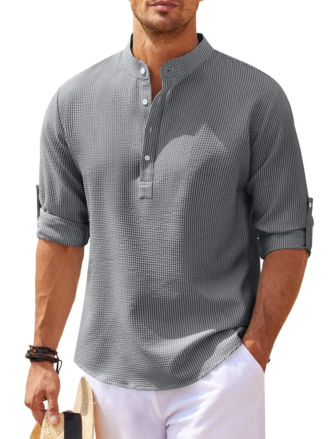 Men's Long Sleeve Pineapple Plaid Shirt White Pants - Image 6