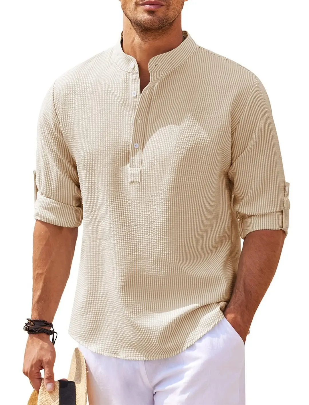 Men's Long Sleeve Pineapple Plaid Shirt White Pants - Image 7