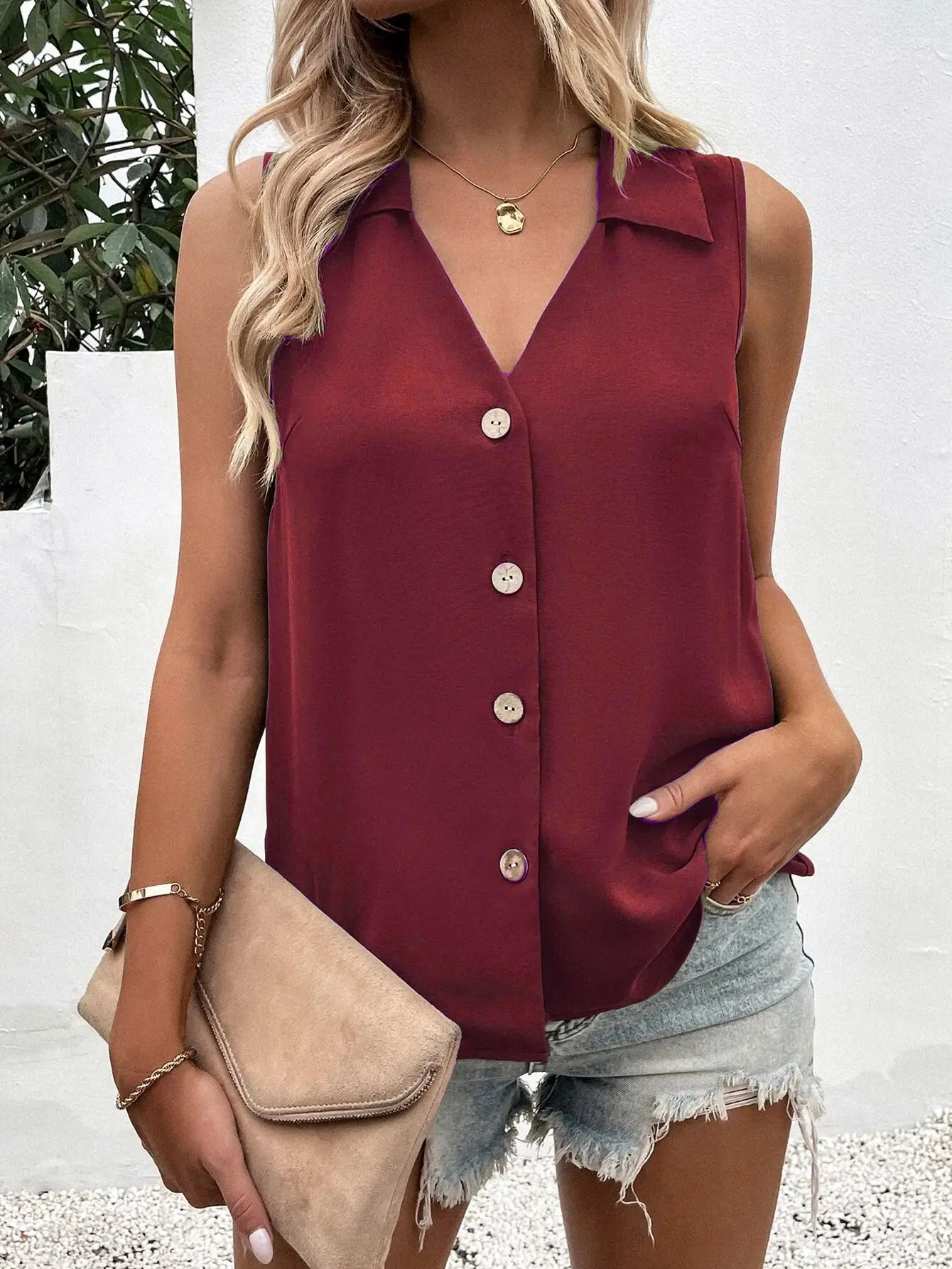 2025 Women's Sleeveless Twist Button Vest Shirt Olive Green - Image 33