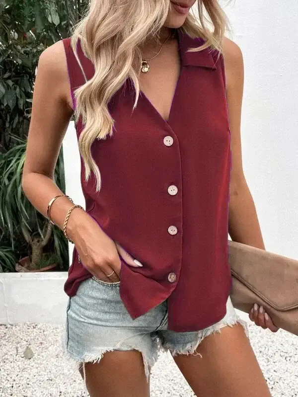 2025 Women's Sleeveless Twist Button Vest Shirt Olive Green - Image 18