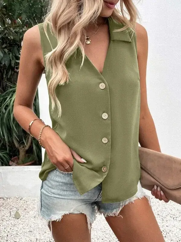 2025 Women's Sleeveless Twist Button Vest Shirt Olive Green - Image 21