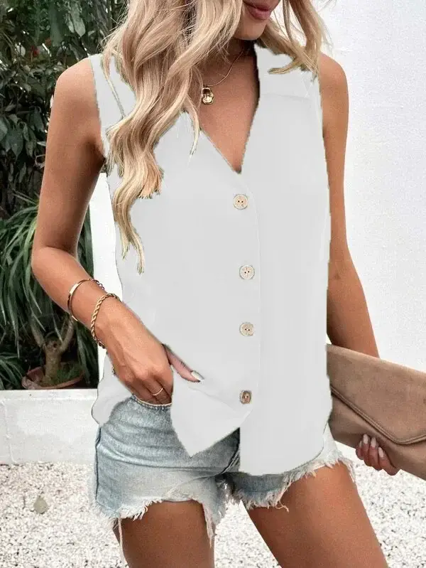 2025 Women's Sleeveless Twist Button Vest Shirt Olive Green - Image 5