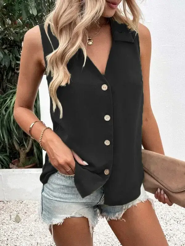 2025 Women's Sleeveless Twist Button Vest Shirt Olive Green - Image 9