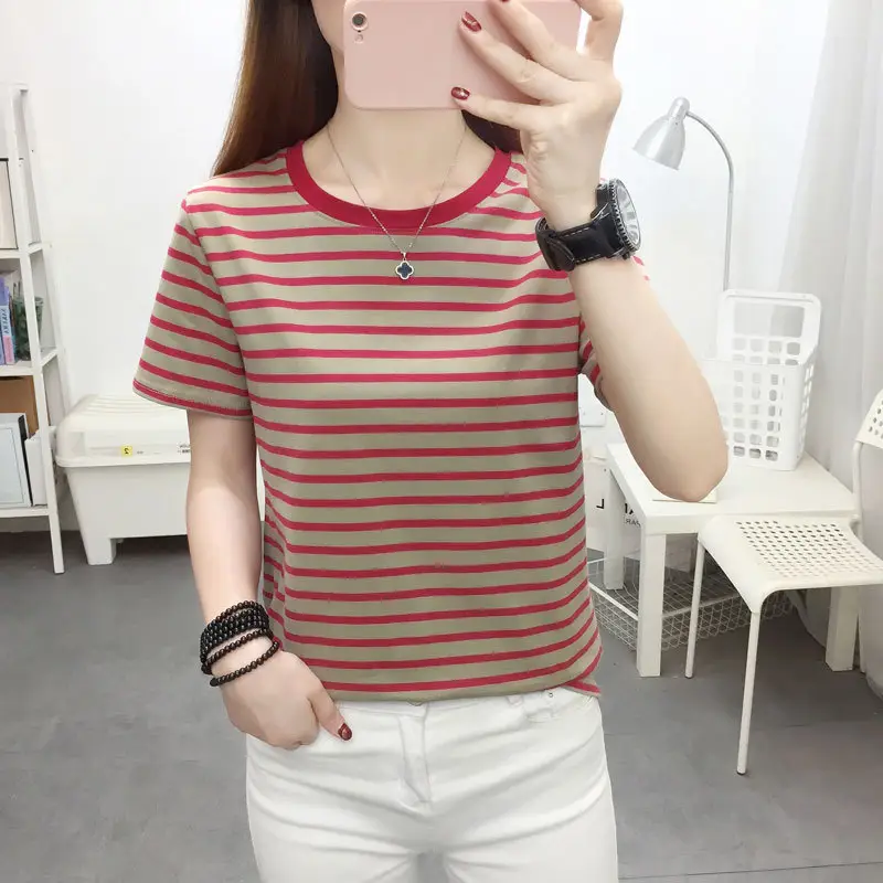 Women Blue Striped Short Sleeve T-Shirt 2023 - Image 2
