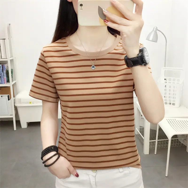 Women Blue Striped Short Sleeve T-Shirt 2023 - Image 6