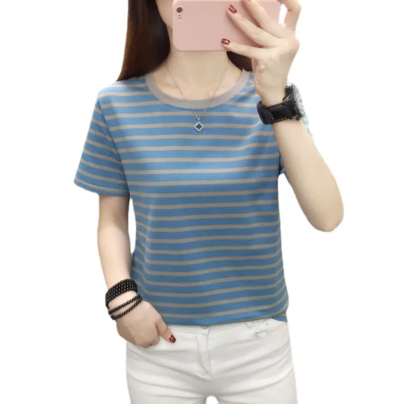 Women Blue Striped Short Sleeve T-Shirt 2023 - Image 11