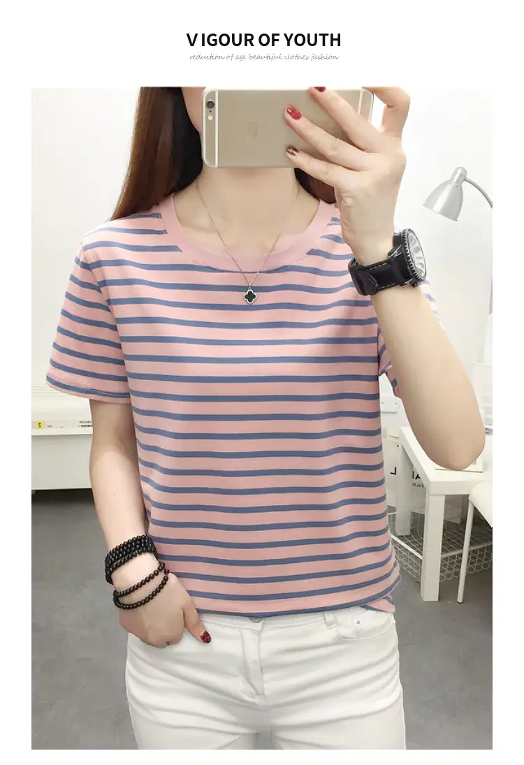 Women Blue Striped Short Sleeve T-Shirt 2023 — feature 11