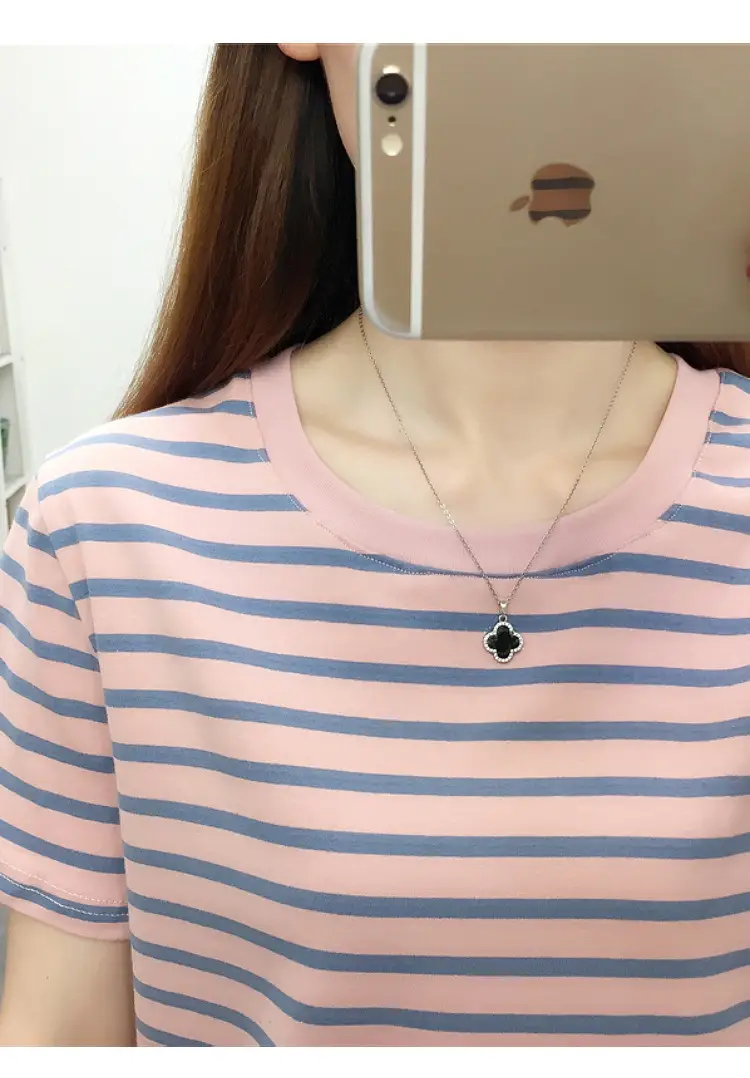 Women Blue Striped Short Sleeve T-Shirt 2023 — feature 12