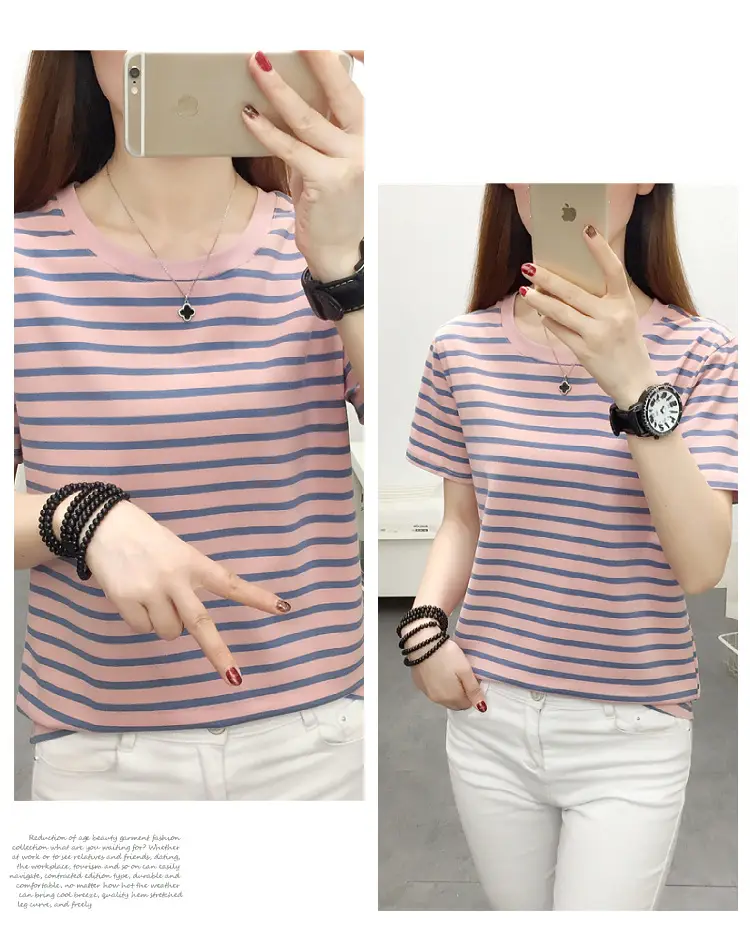 Women Blue Striped Short Sleeve T-Shirt 2023 — feature 13