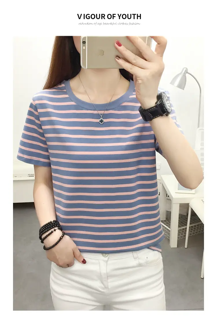 Women Blue Striped Short Sleeve T-Shirt 2023 — feature 14