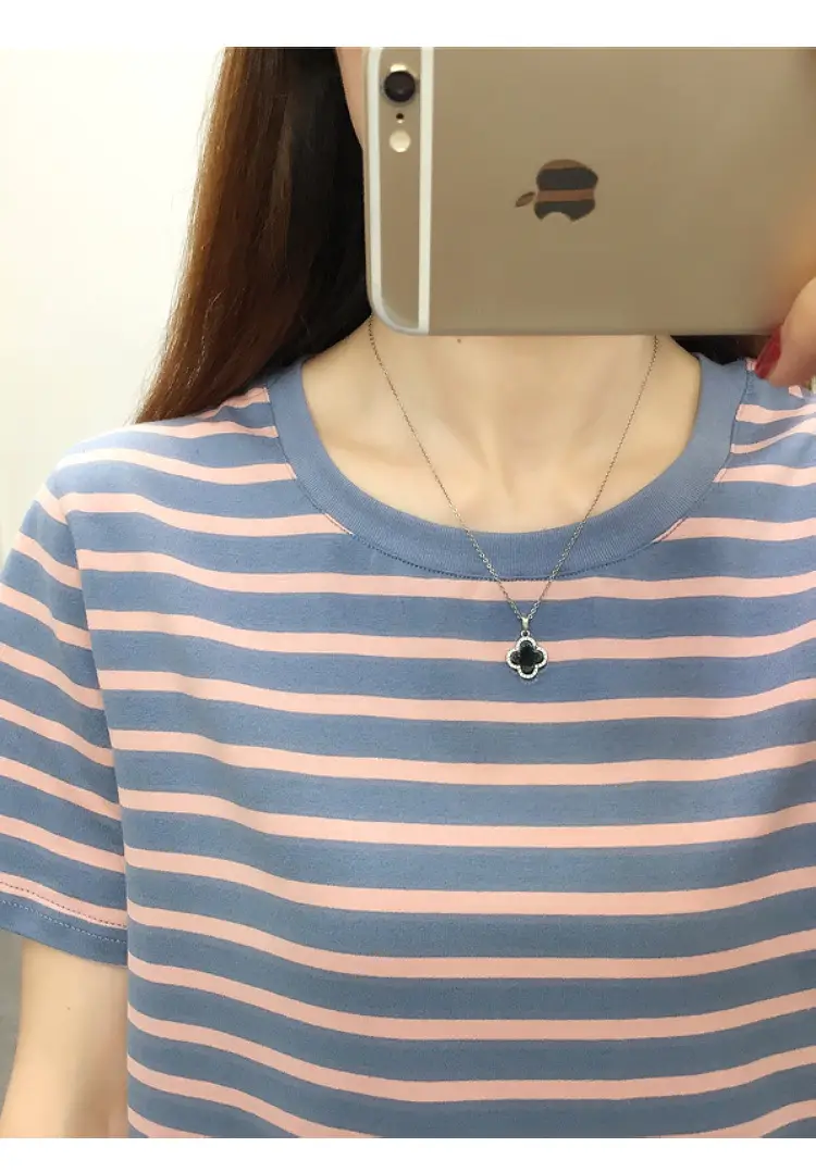 Women Blue Striped Short Sleeve T-Shirt 2023 — feature 15