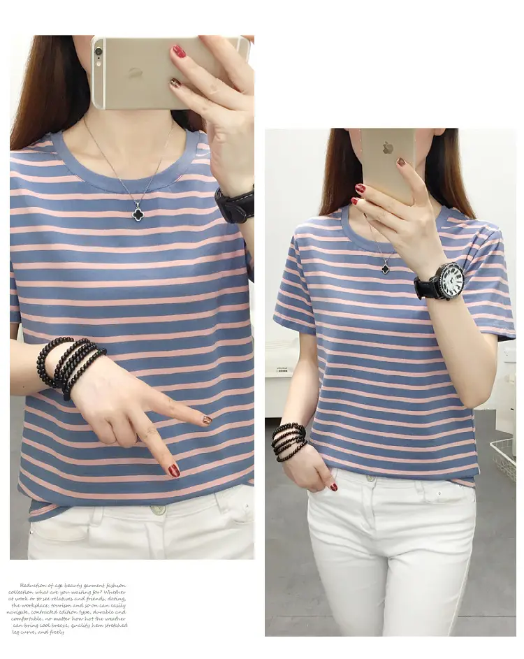 Women Blue Striped Short Sleeve T-Shirt 2023 — feature 16