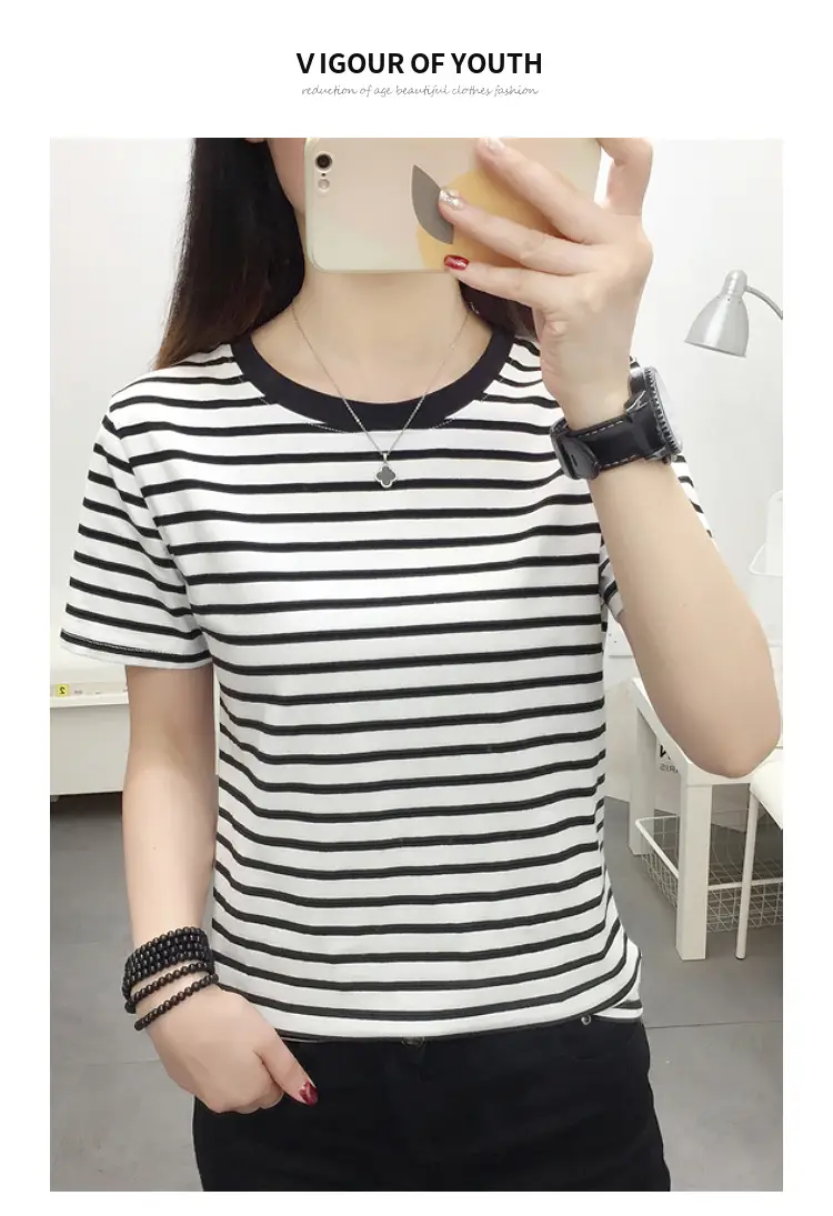 Women Blue Striped Short Sleeve T-Shirt 2023 — feature 17
