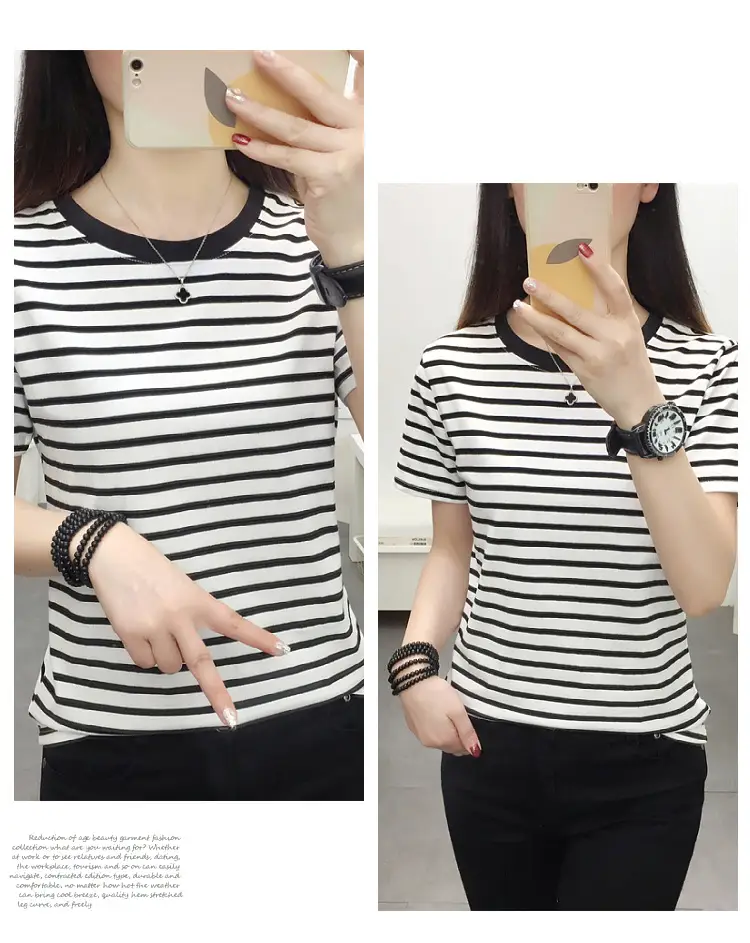 Women Blue Striped Short Sleeve T-Shirt 2023 — feature 19