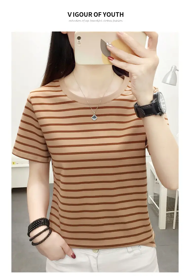 Women Blue Striped Short Sleeve T-Shirt 2023 — feature 20