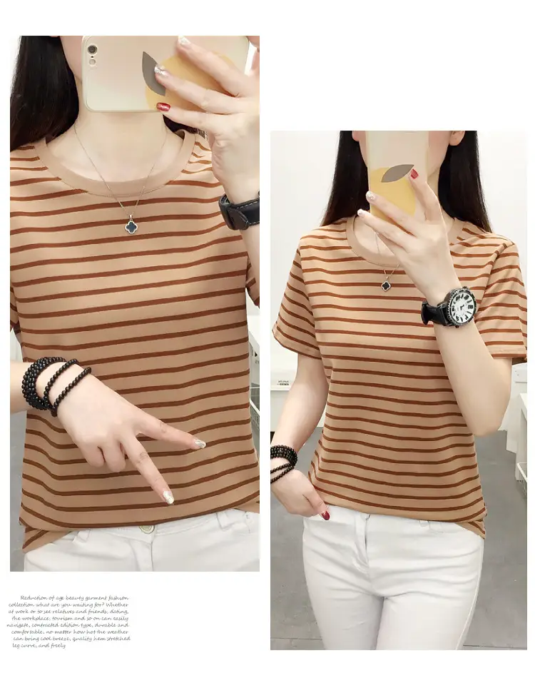 Women Blue Striped Short Sleeve T-Shirt 2023 — feature 22