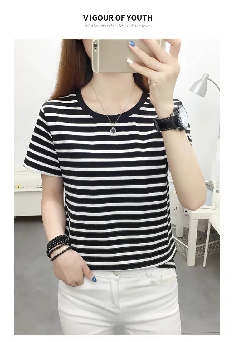 Women Blue Striped Short Sleeve T-Shirt 2023 — feature 23