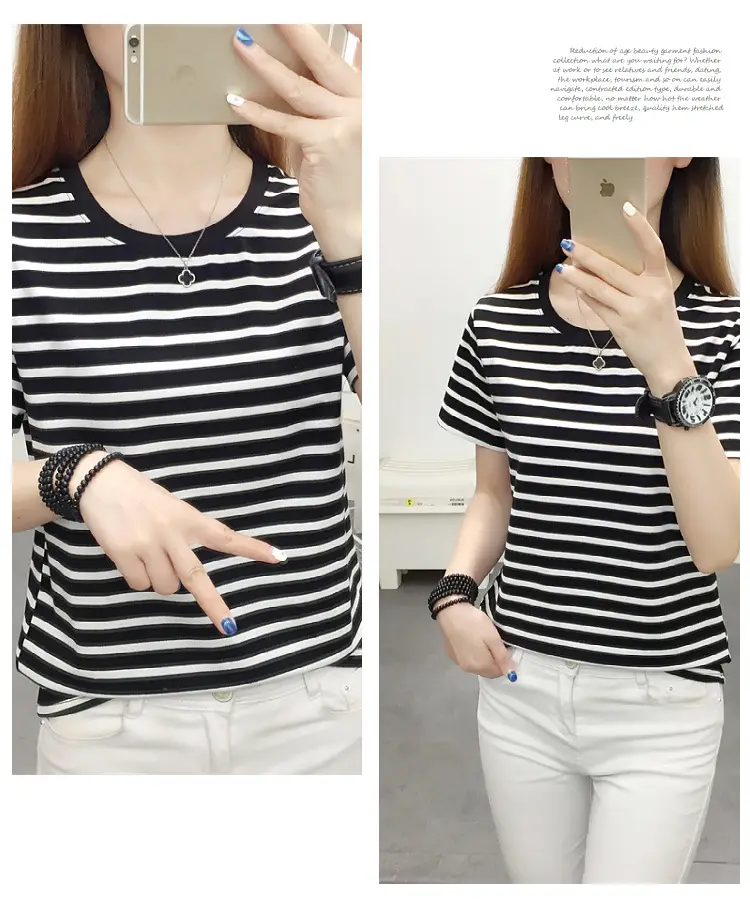 Women Blue Striped Short Sleeve T-Shirt 2023 — feature 25