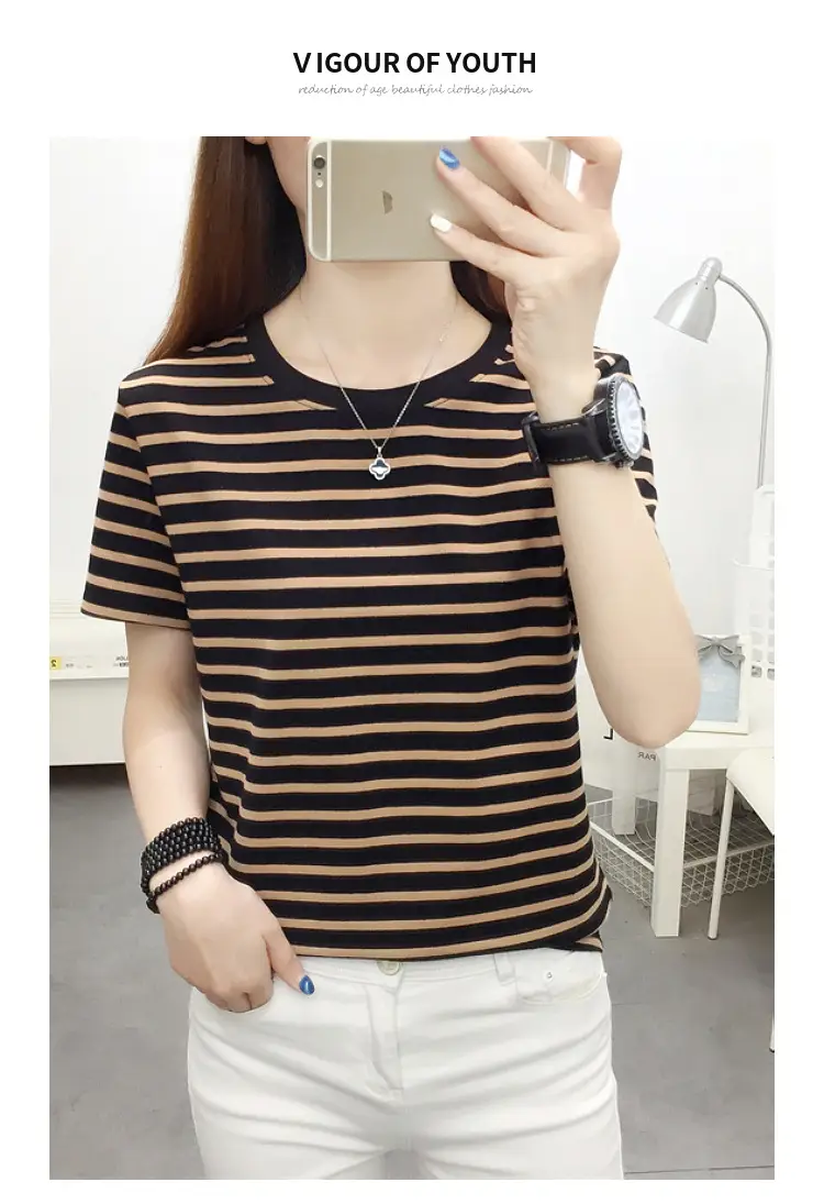 Women Blue Striped Short Sleeve T-Shirt 2023 — feature 26