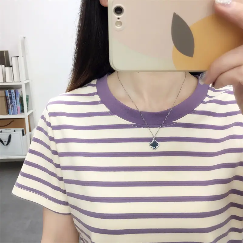 Women Blue Striped Short Sleeve T-Shirt 2023 — feature 29