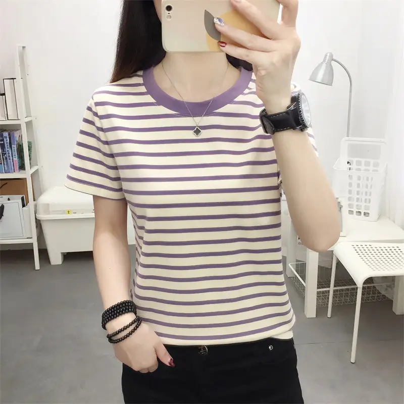 Women Blue Striped Short Sleeve T-Shirt 2023 — feature 30