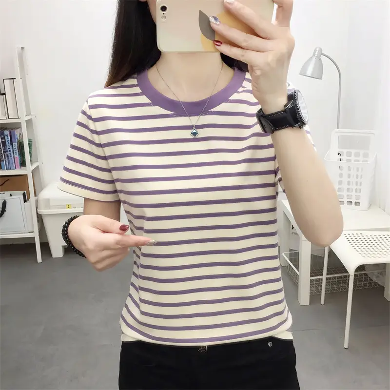 Women Blue Striped Short Sleeve T-Shirt 2023 — feature 31