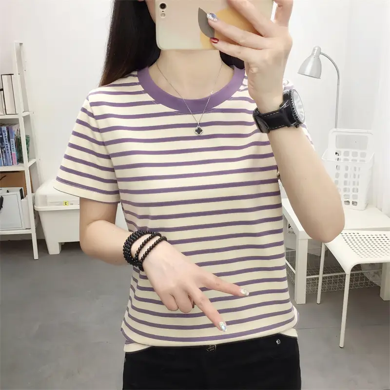 Women Blue Striped Short Sleeve T-Shirt 2023 — feature 32