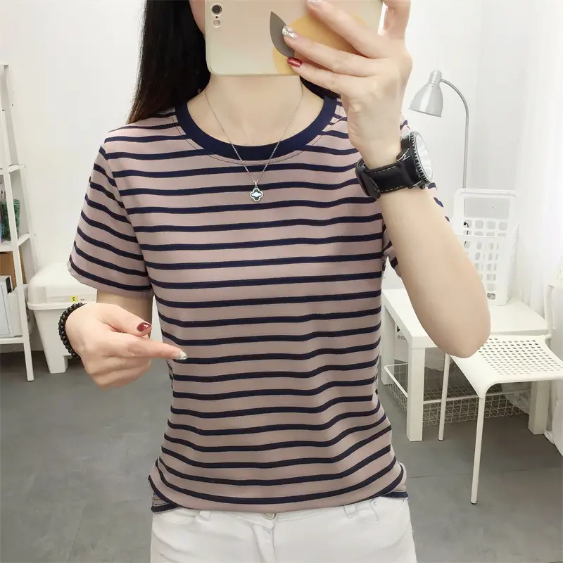 Women Blue Striped Short Sleeve T-Shirt 2023 — feature 34