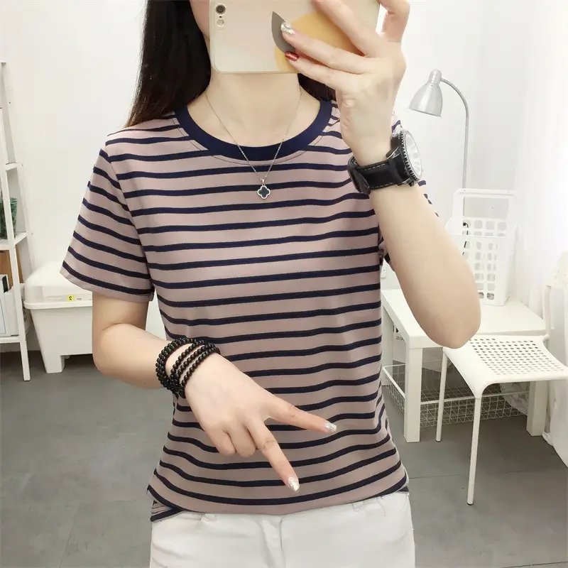 Women Blue Striped Short Sleeve T-Shirt 2023 — feature 35