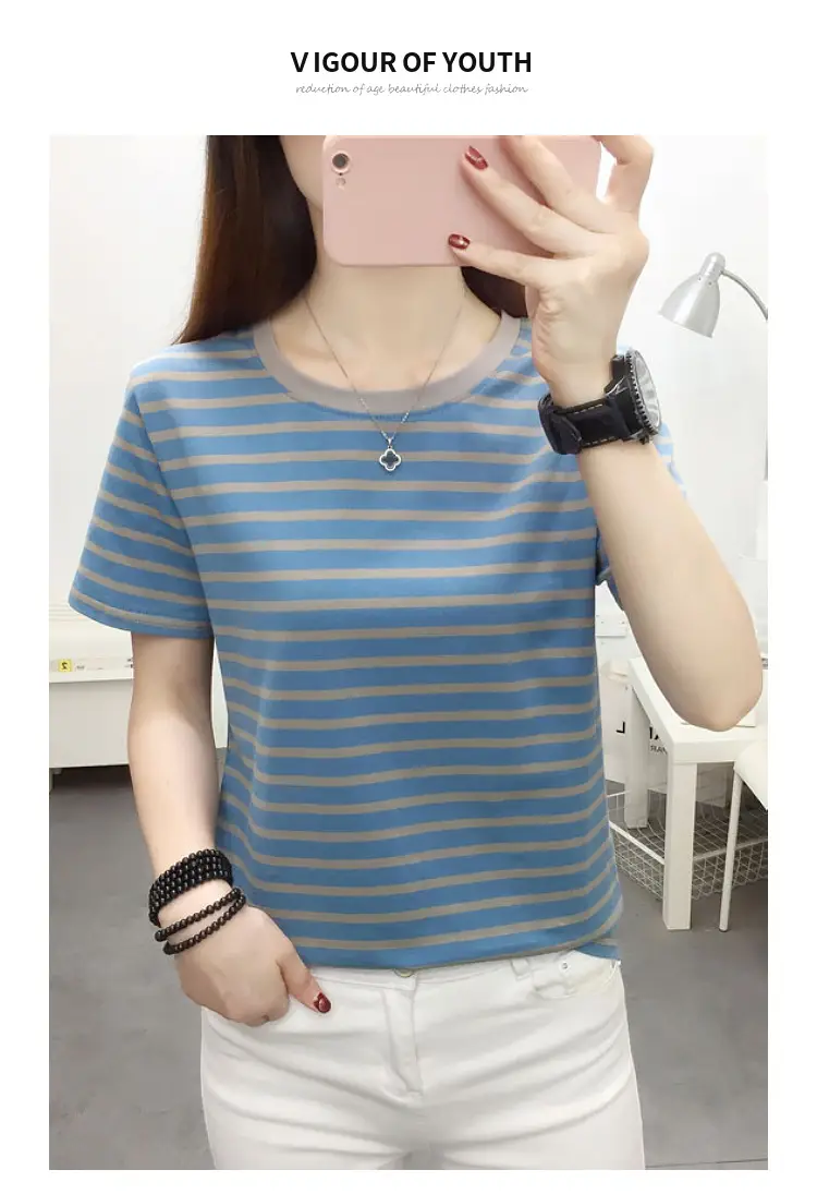 Women Blue Striped Short Sleeve T-Shirt 2023 — feature 5