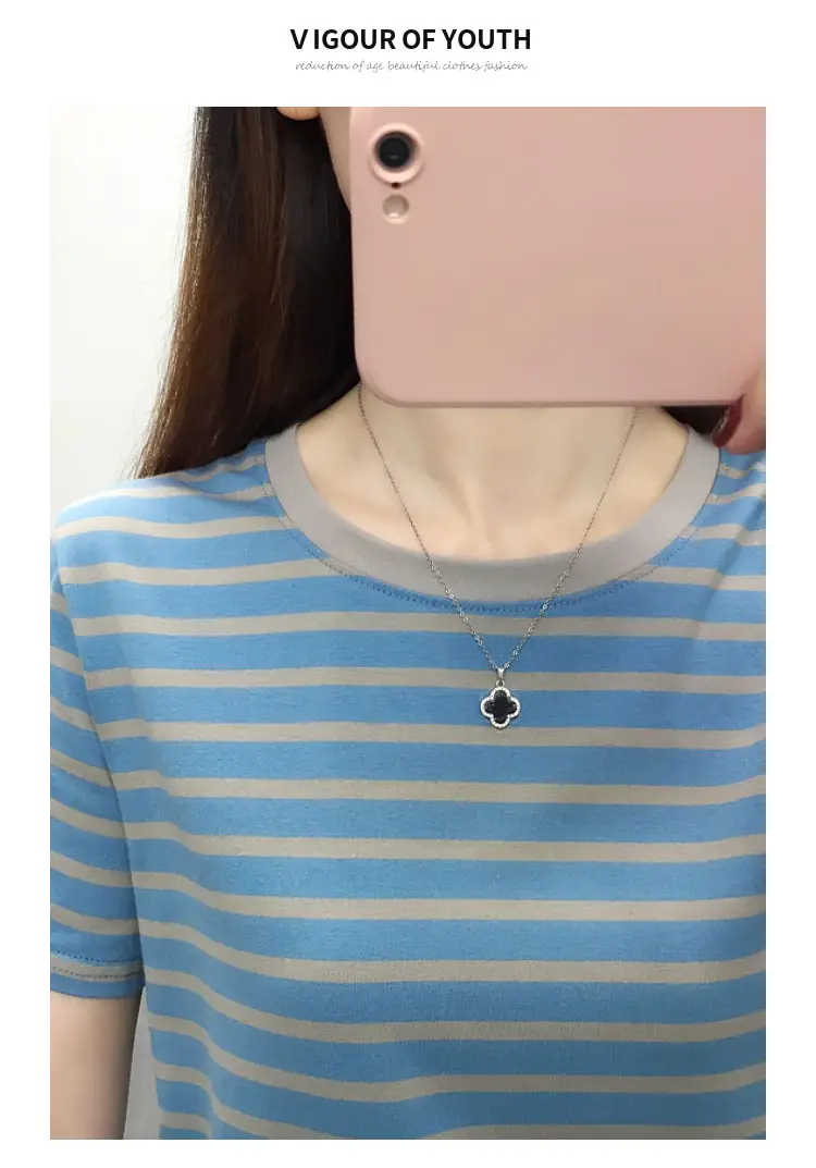 Women Blue Striped Short Sleeve T-Shirt 2023 — feature 6