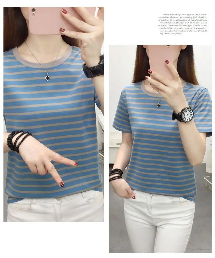 Women Blue Striped Short Sleeve T-Shirt 2023 — feature 7