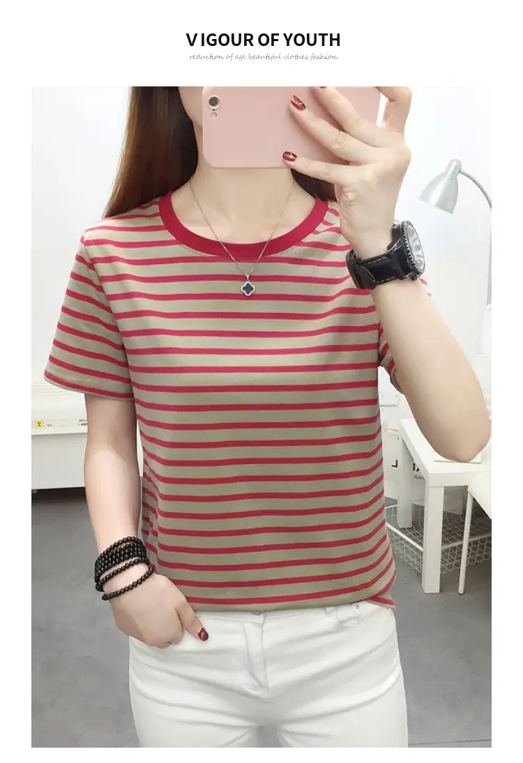 Women Blue Striped Short Sleeve T-Shirt 2023 — feature 8