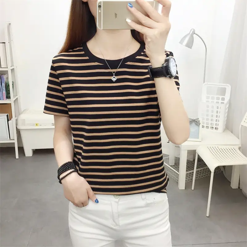 Women Blue Striped Short Sleeve T-Shirt 2023 - Image 10