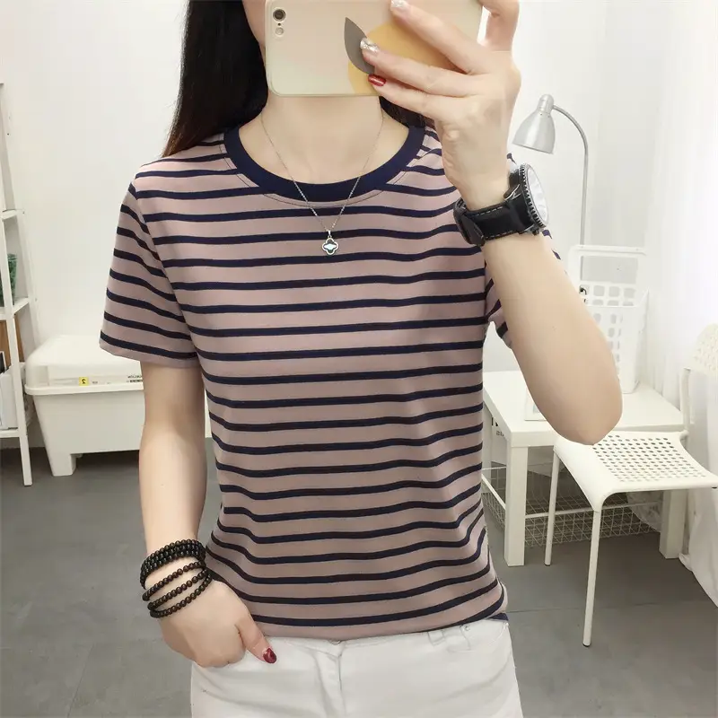 Women Blue Striped Short Sleeve T-Shirt 2023 - Image 7