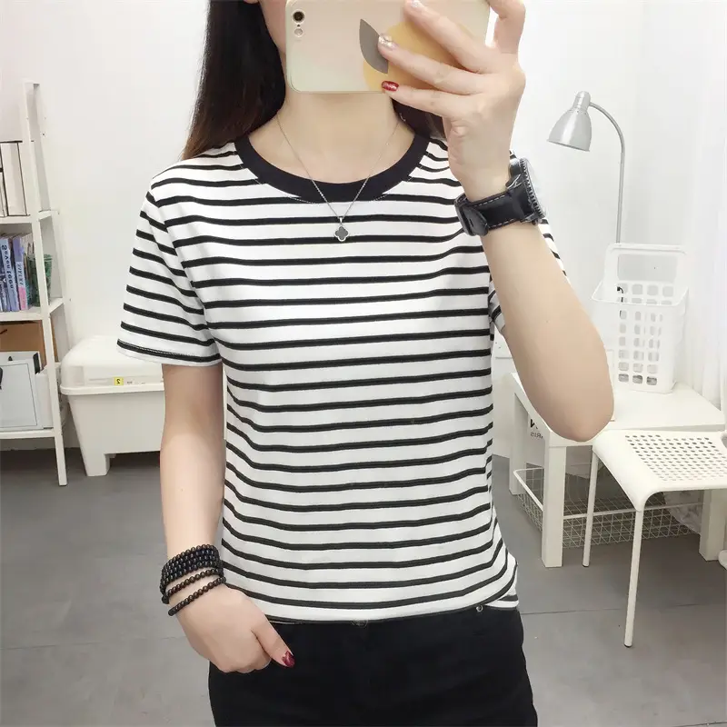 Women Blue Striped Short Sleeve T-Shirt 2023 - Image 8